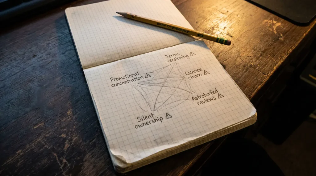 Notebook page mapping operator warning patterns including promotional concentration, terms versioning and licence churn