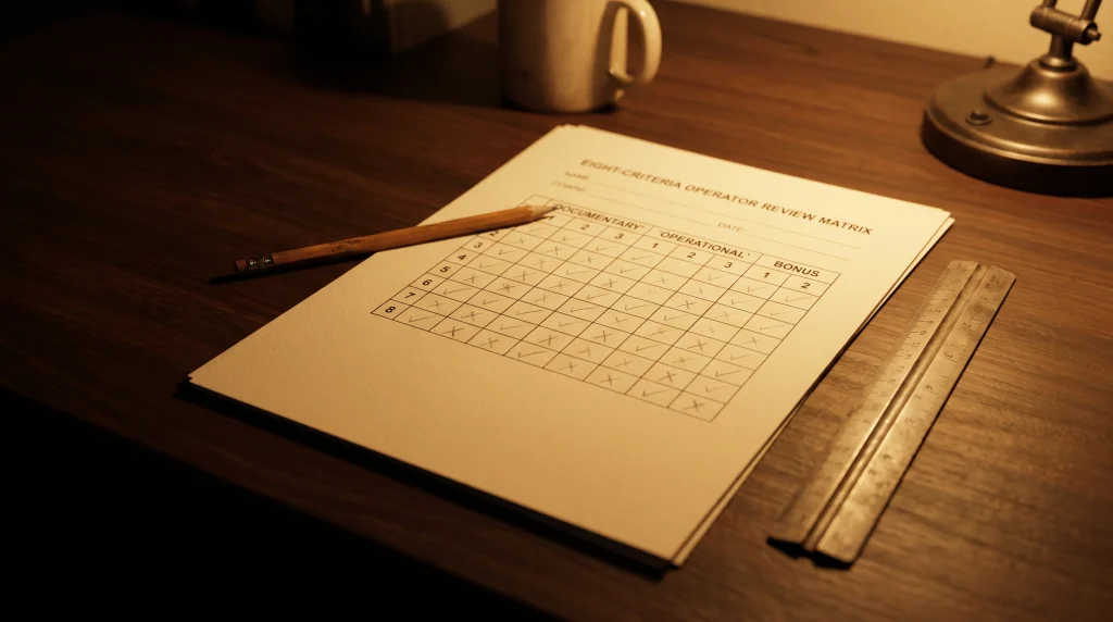 Eight-criteria review matrix laid out on an analyst's desk with documentary, operational and bonus columns