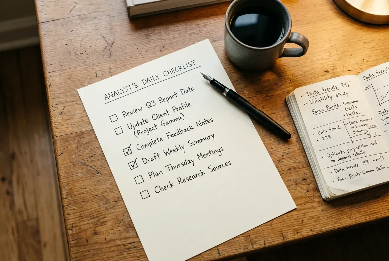 Analyst reviewing a printed checklist of operator criteria on a wooden desk