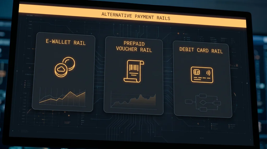 Editorial grid showing three alternative deposit rails for users who cannot pay by phone