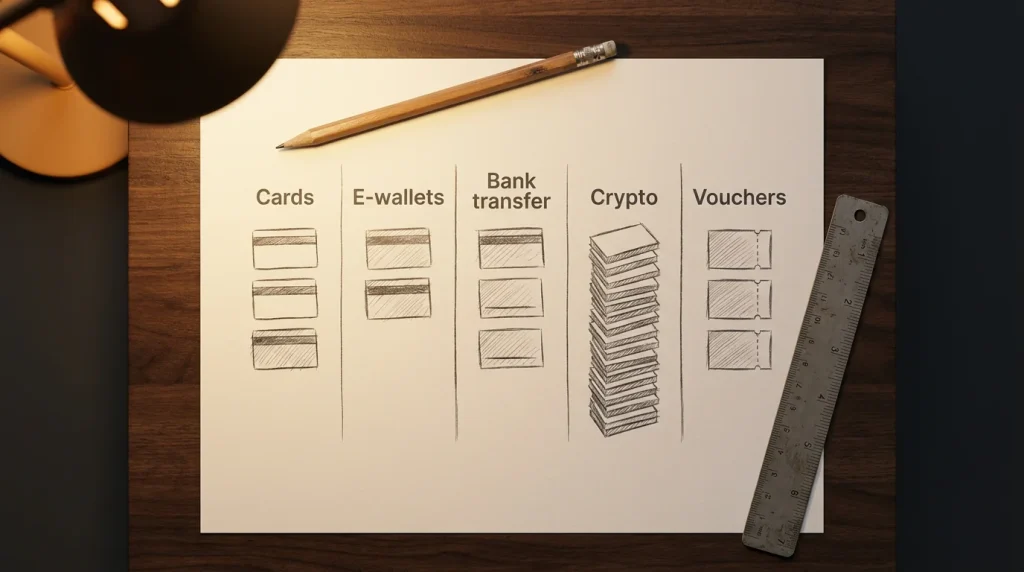 Five-column payment rail diagram showing cards, e-wallets, bank transfers, crypto and voucher channels