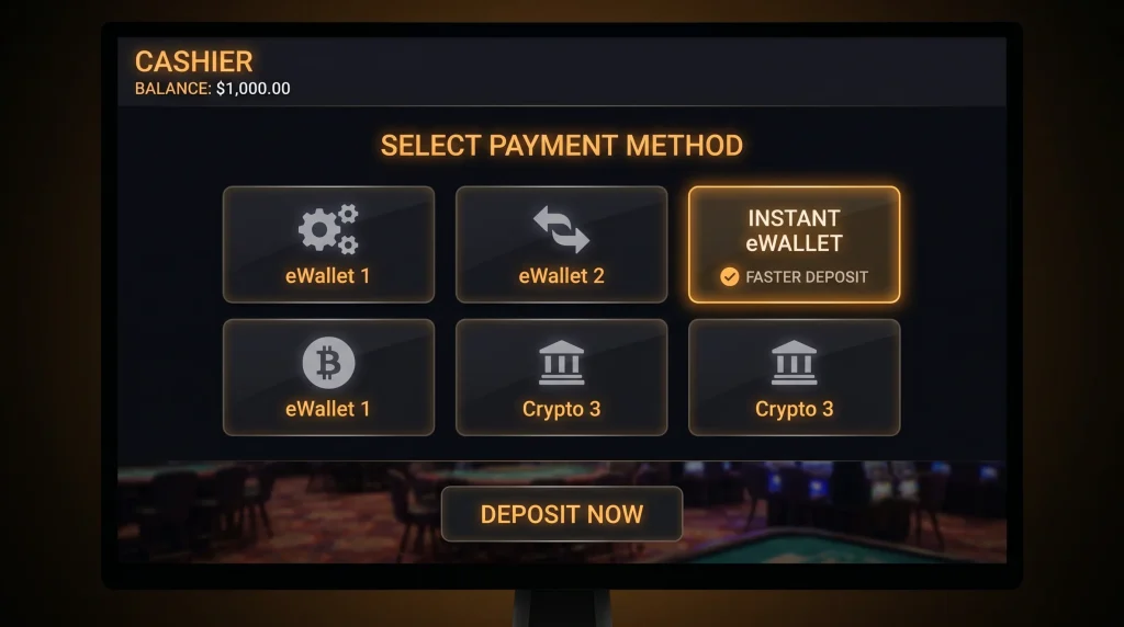 Casino cashier method selection page with PayPal style option visible alongside other e-wallets
