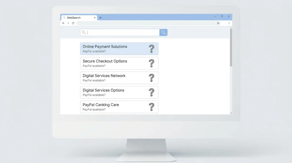 Search results page showing several misleading paypal slot site claims with question mark overlay