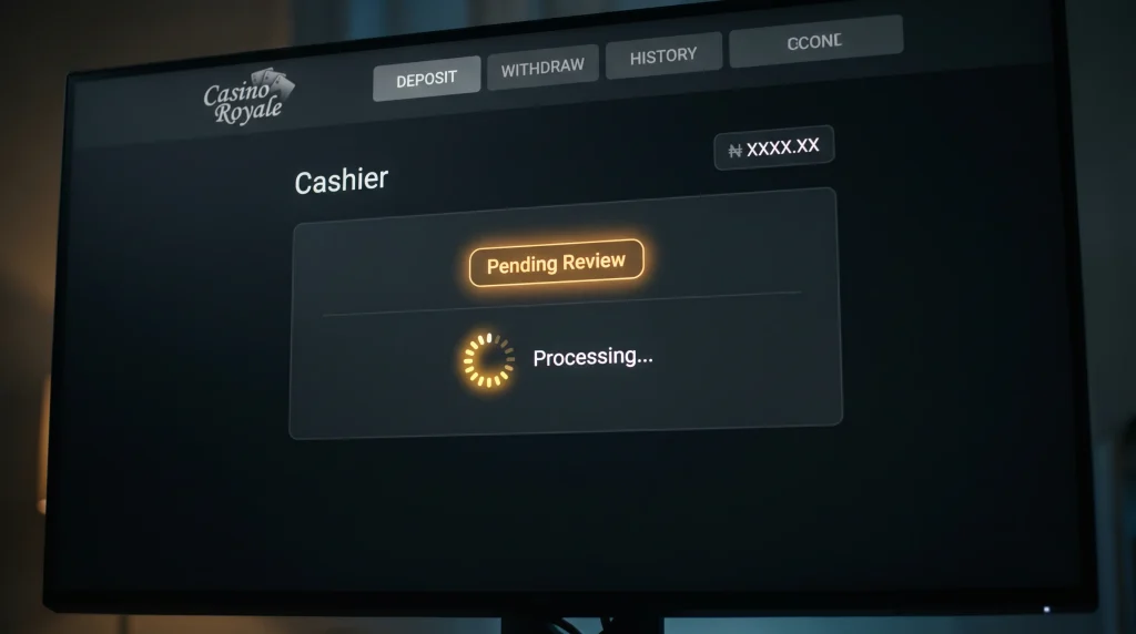 Casino cashier withdrawal status screen showing a withdrawal in pending review state