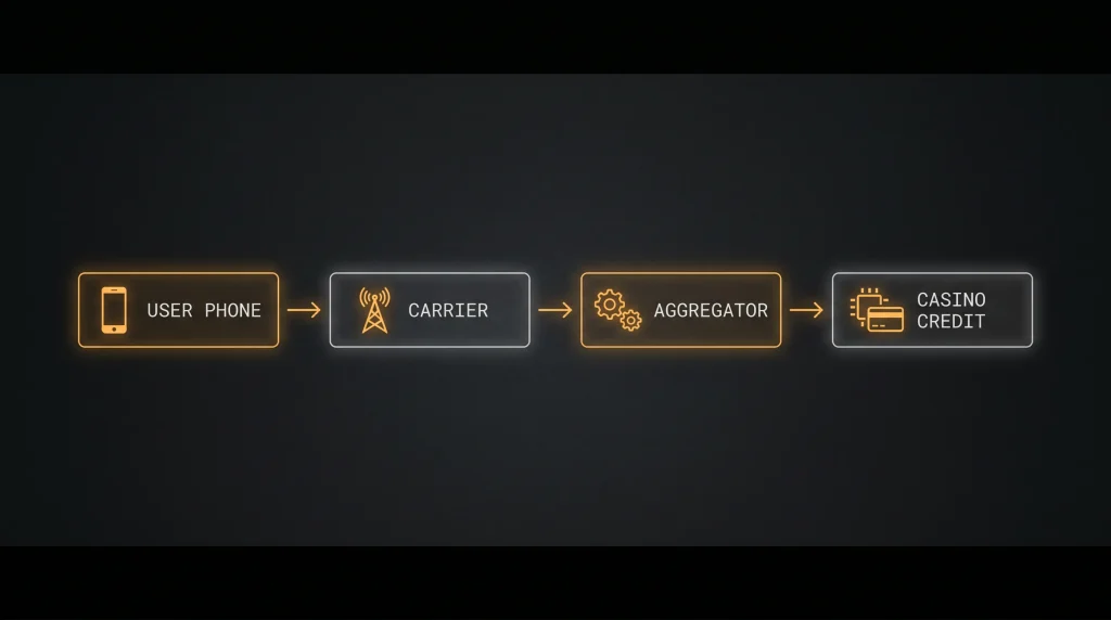 Editorial flow diagram showing the journey of a pay by phone gambling deposit from user phone to casino cashier