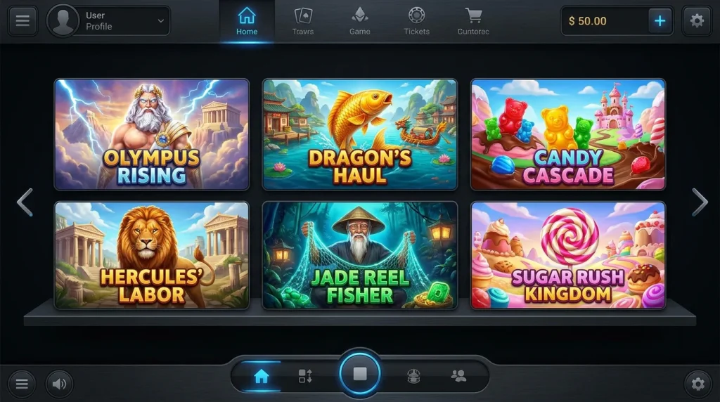 Casino lobby shelf featuring flagship Pragmatic style slot titles with mythology and sweets themed cover art