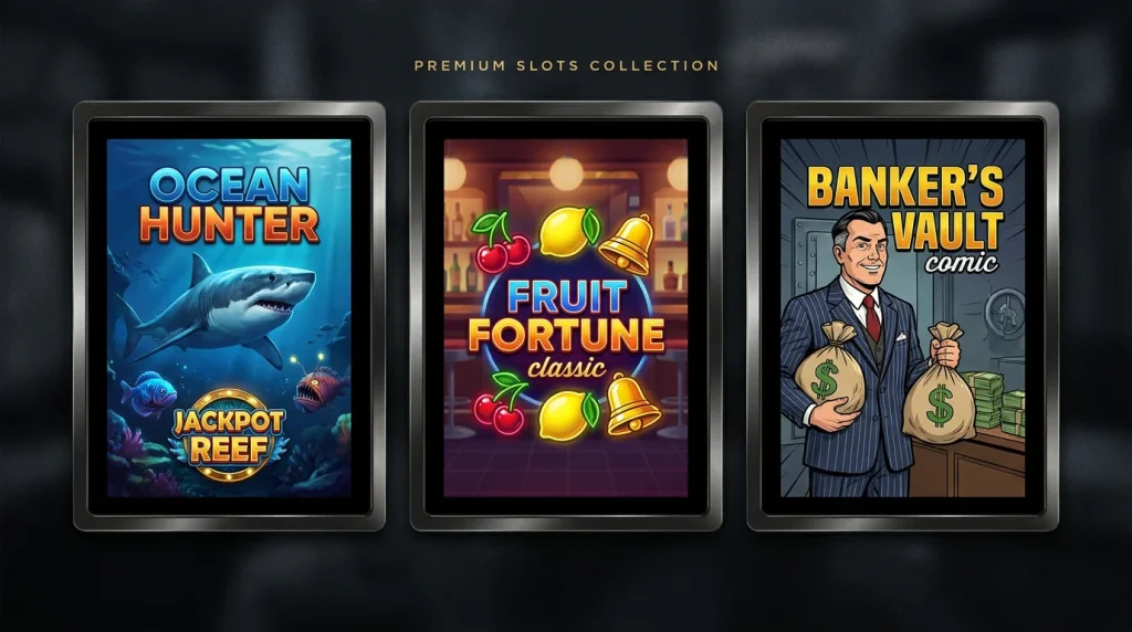 Three flagship Push Gaming style title cover thumbnails in a clean grid arrangement