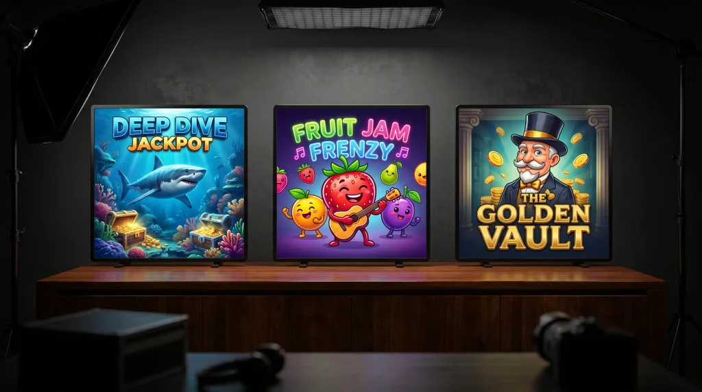 Push Gaming style slot studio lineup with three title covers arranged in a clean editorial row