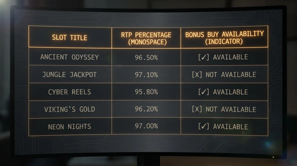Data table panel showing Push Gaming slot titles with RTP and bonus buy availability columns