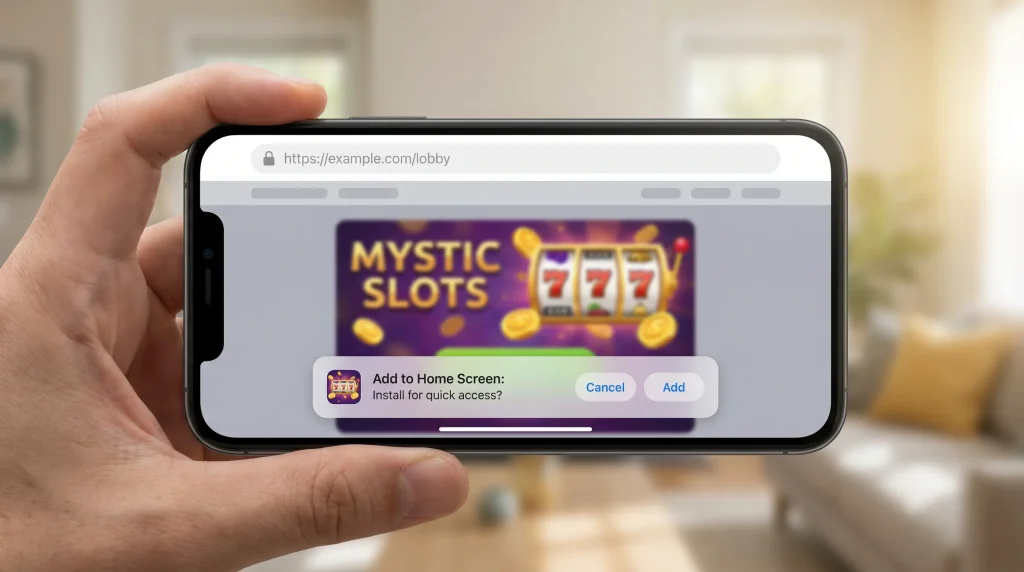 Mobile browser displaying an Add to Home Screen installation prompt for a slot site progressive web app