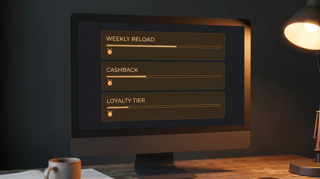 Weekly reload, cashback and loyalty tier panel mocked up on a non-GamStop slot site dashboard
