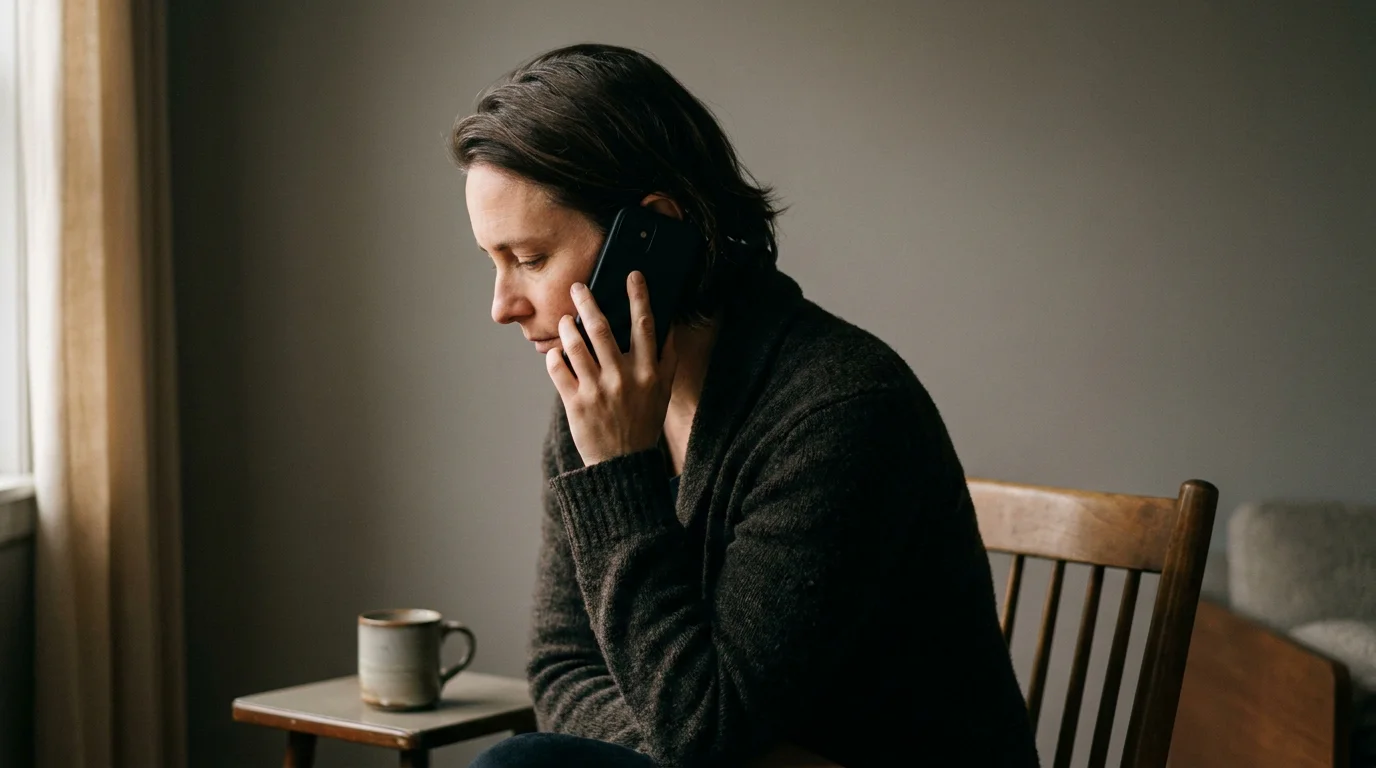 Person on a phone call to the UK National Gambling Helpline in a calm room setting