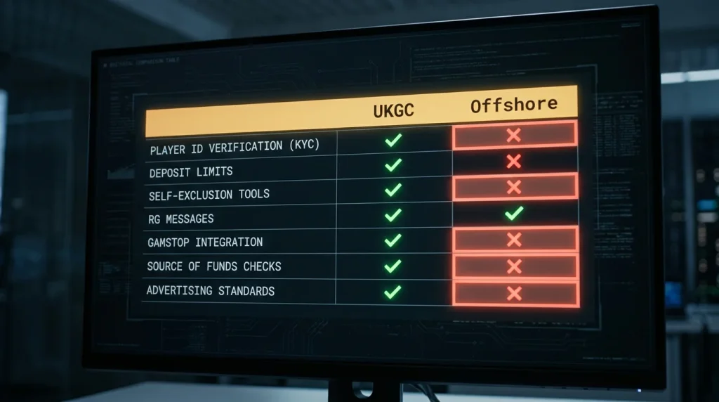 Editorial comparison table showing which risk controls are present or absent at high stake offshore sites