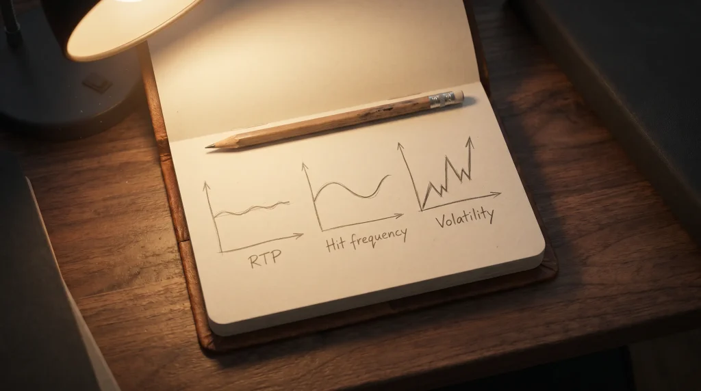 Three small line charts on a notebook page showing how RTP, hit frequency and volatility describe a slot