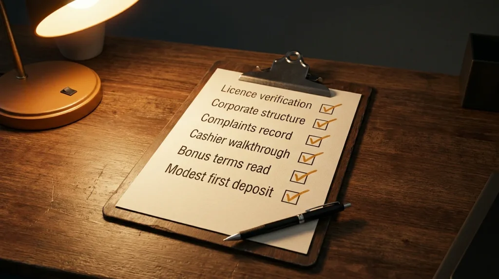 Six-point due-diligence checklist on a clipboard with each step ticked off in sequence