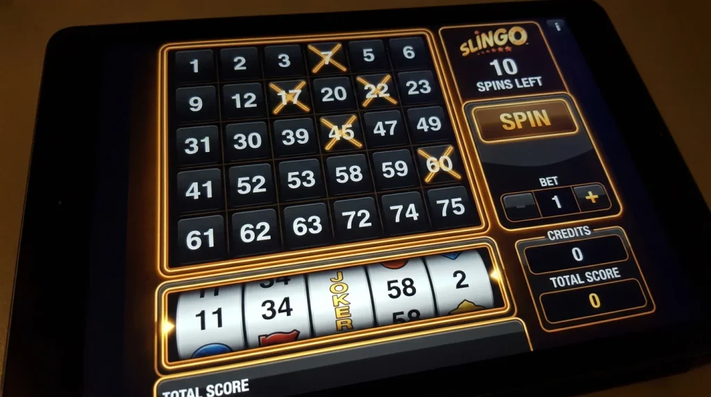 Slingo game showing a five by five bingo style grid above a single slot reel strip