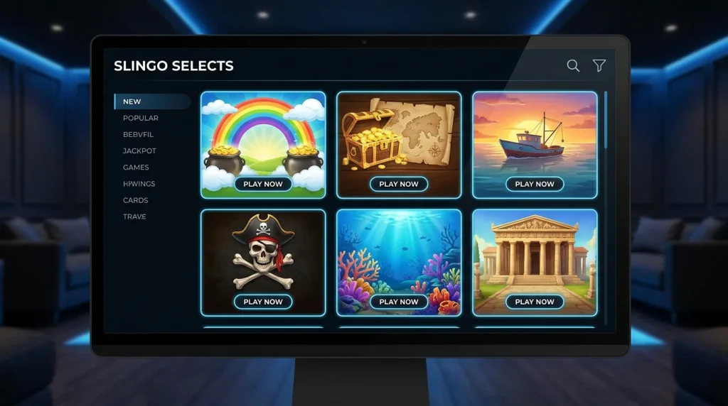 Casino lobby grid showing several Slingo Originals style title thumbnails with their themed cover art
