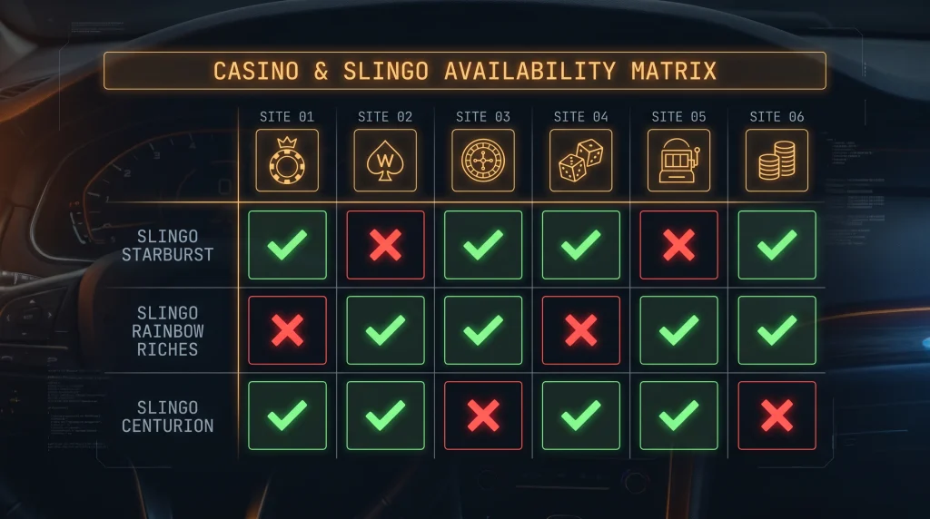 Editorial grid showing Slingo title availability across multiple offshore casino site placeholders