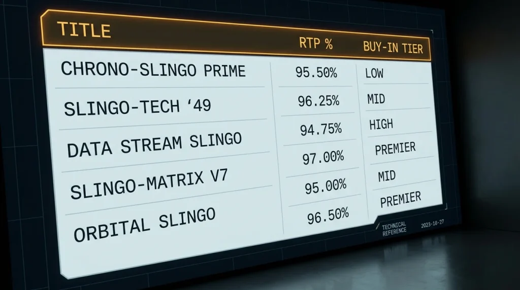 Data table showing Slingo titles with RTP values and buy-in cost structures