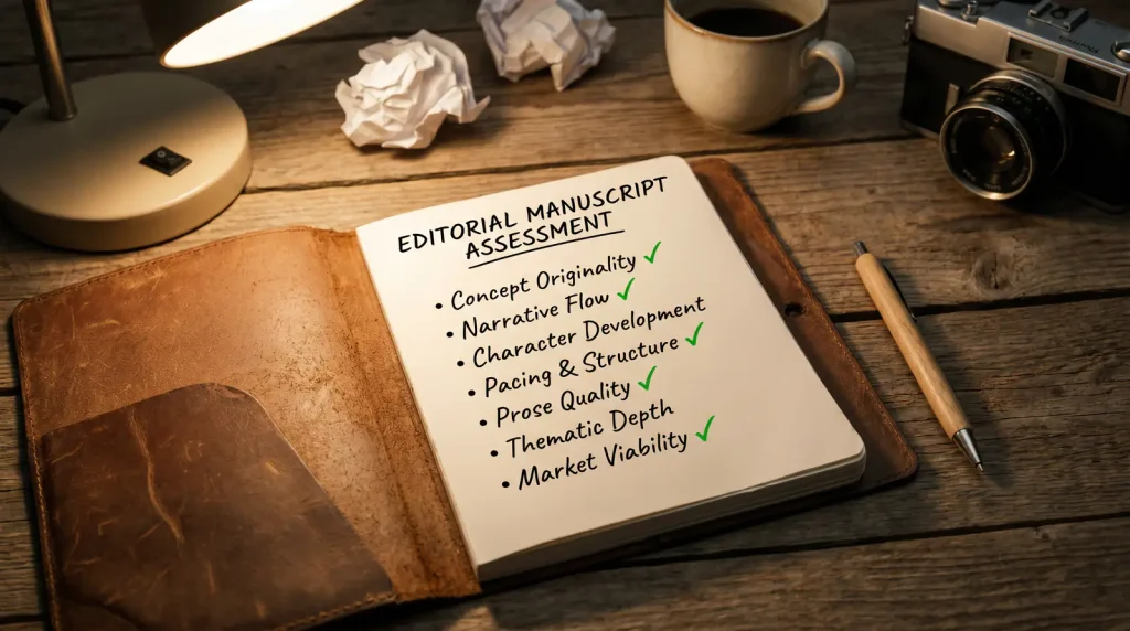Reviewer notebook with a handwritten checklist of criteria for evaluating a newly released slot