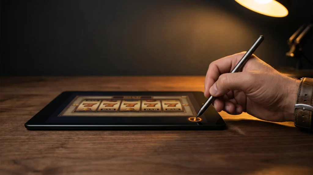 Player checking a slot's live RTP value in the help panel before placing the first spin