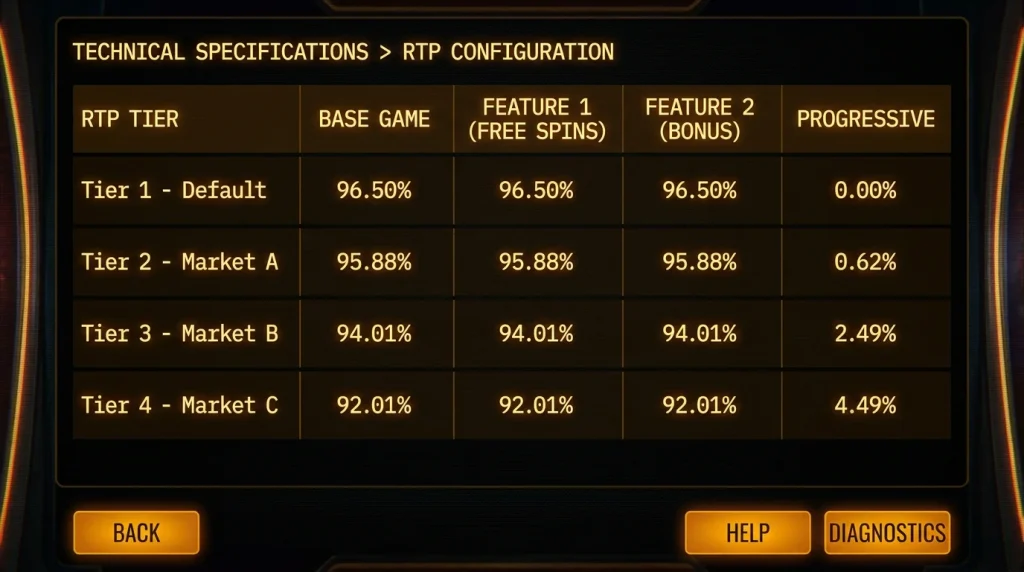 In-game information panel showing the same slot title with multiple RTP variant percentages listed