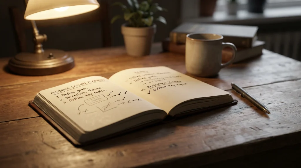 Open notebook with handwritten notes about planning a session on a small budget
