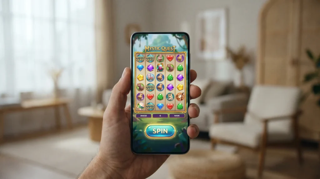 Smartphone in a hand displaying a portrait-oriented slot game with reels and spin button visible