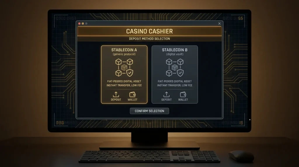 Casino cashier deposit page showing stablecoin selection between USDT and USDC