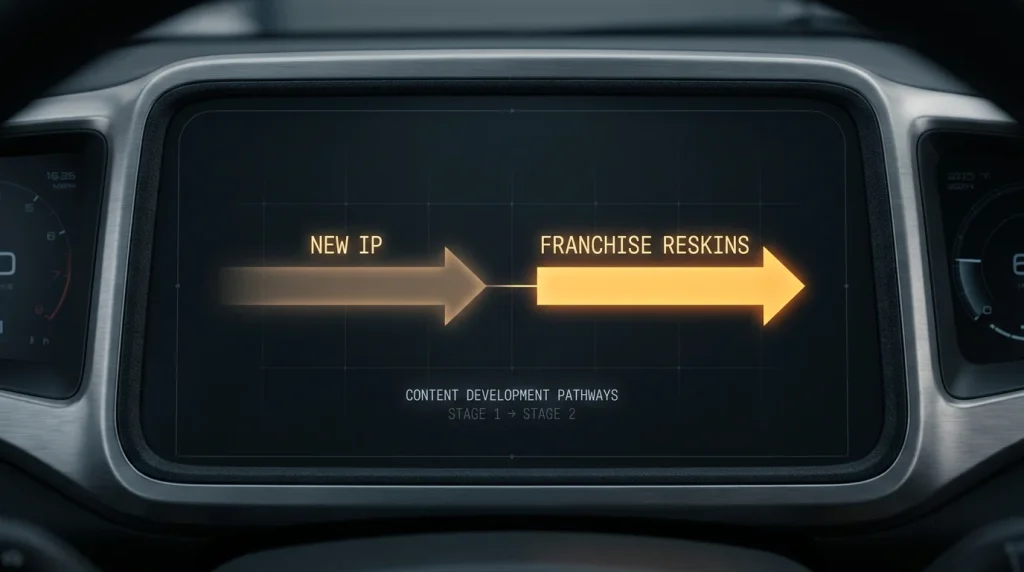 Editorial illustration showing a studio direction arrow pivoting from new IP toward franchise reskins