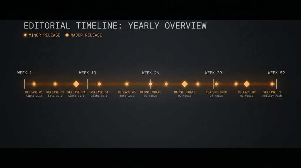 Editorial timeline visualisation showing weekly slot release cadence across a year for one studio