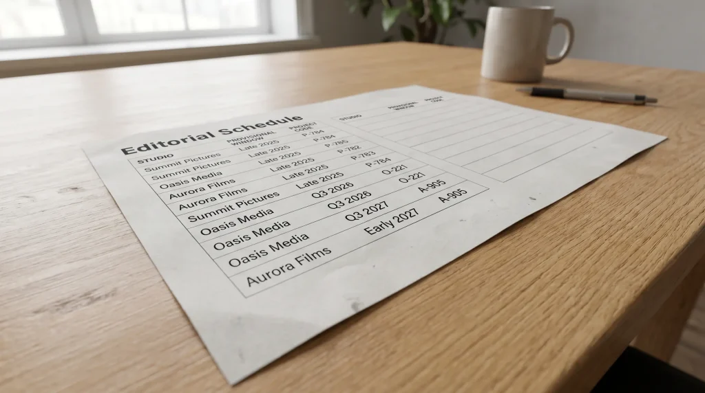 Printed studio release schedule document for the first half of 2026 with multiple studios listed