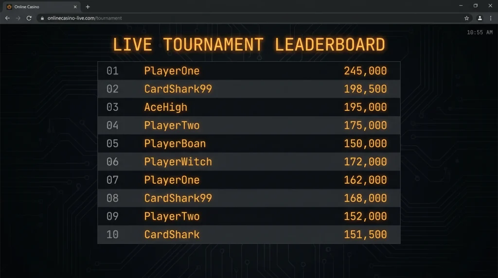 Casino site live leaderboard panel showing player rankings with usernames and position numbers