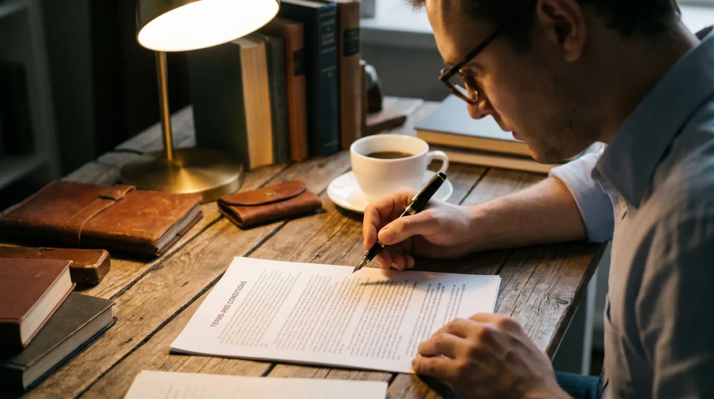 Printed tournament terms and conditions document being reviewed by a focused reader