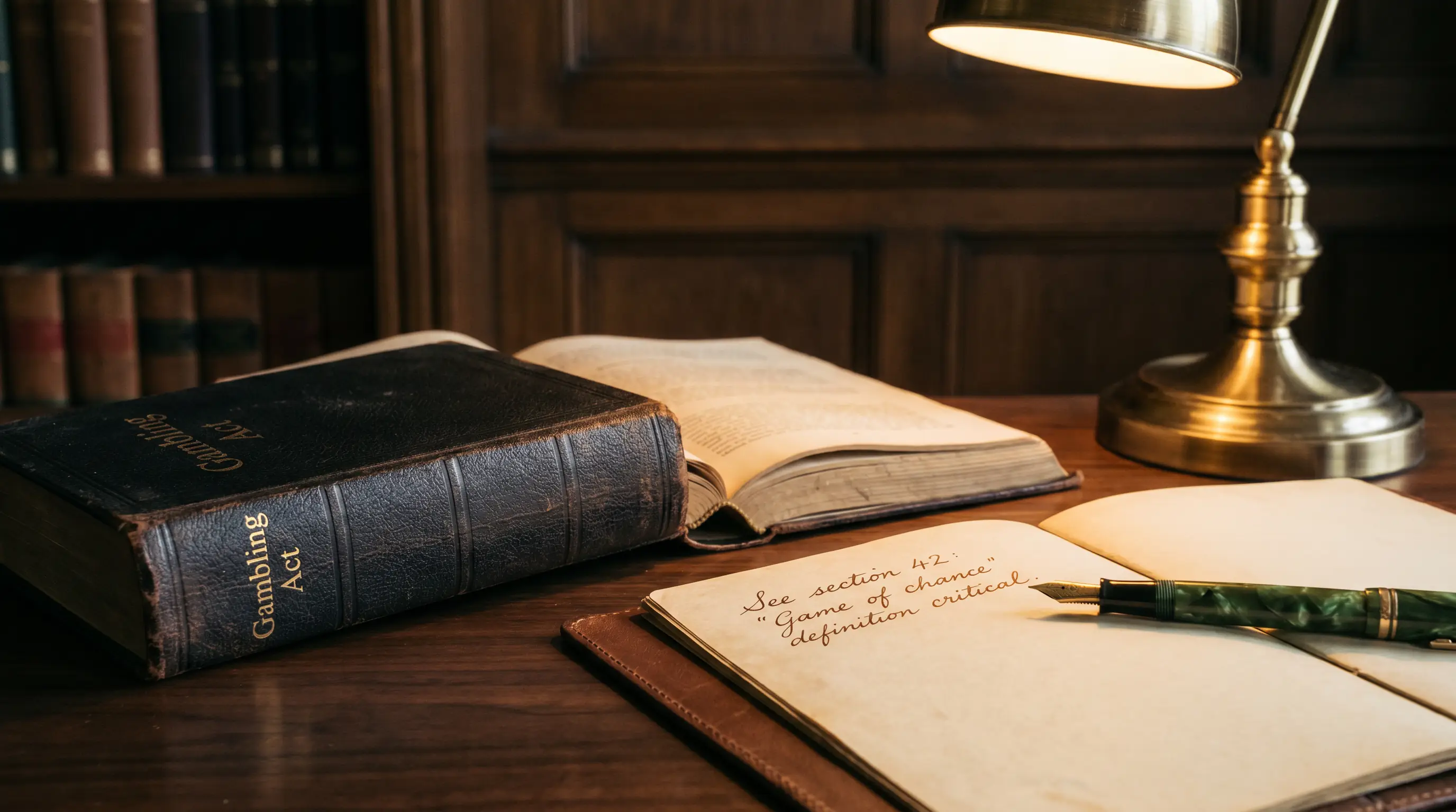 Open Gambling Act statute book on a wooden desk with a notebook beside it