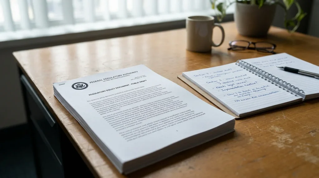 Official UK Gambling Commission style policy statement document on a desk next to a notebook
