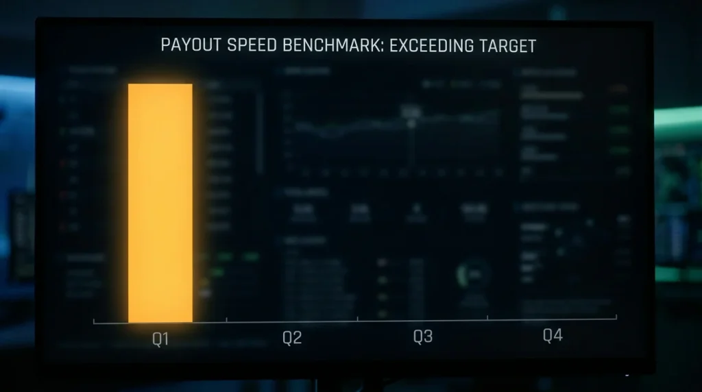 Editorial bar chart referencing the UKGC automatic payout benchmark with stylised speed indicator