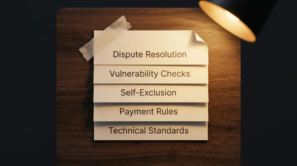 Stacked layers diagram showing dispute resolution, vulnerability checks, self-exclusion and payment rules left behind offshore