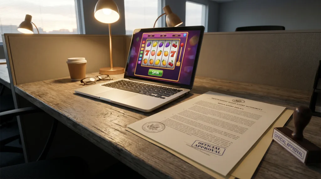 Official UK Gambling Commission policy document on the table next to a laptop displaying a slot game