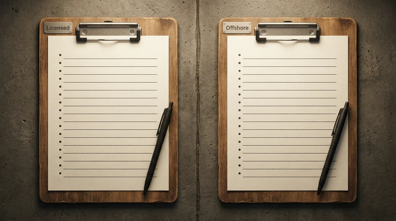 Two clipboards side by side comparing UKGC and offshore licensing requirements