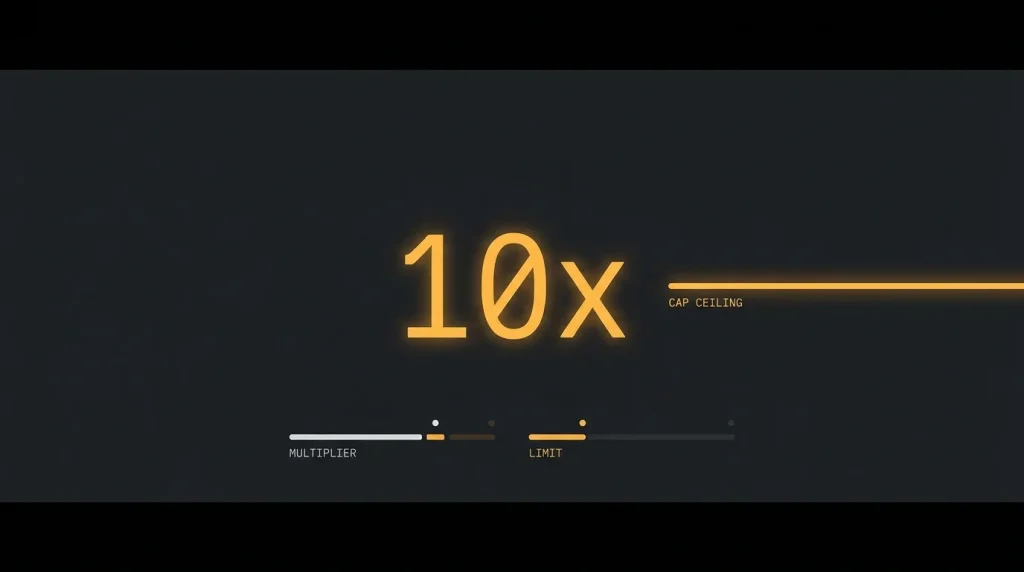 Editorial illustration showing wagering requirement multiplier alongside a max cashout ceiling line