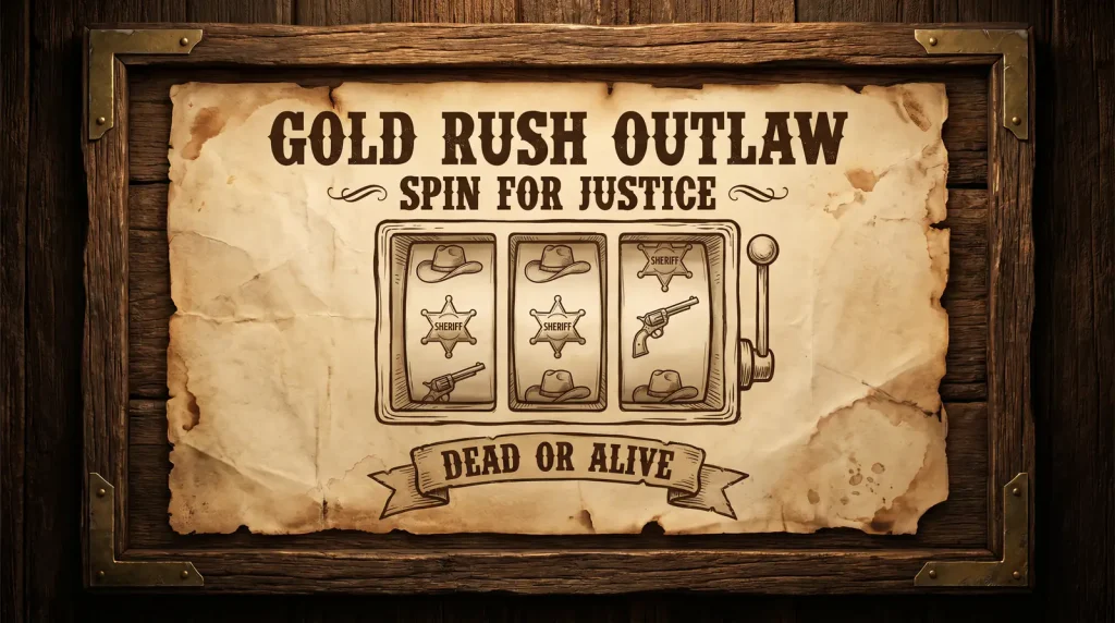Bold western themed slot title cover card with wanted poster aesthetic and dramatic typography