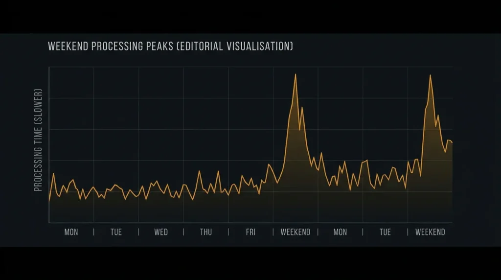Simple line graph illustrating slower weekend cash-out timing versus weekday performance