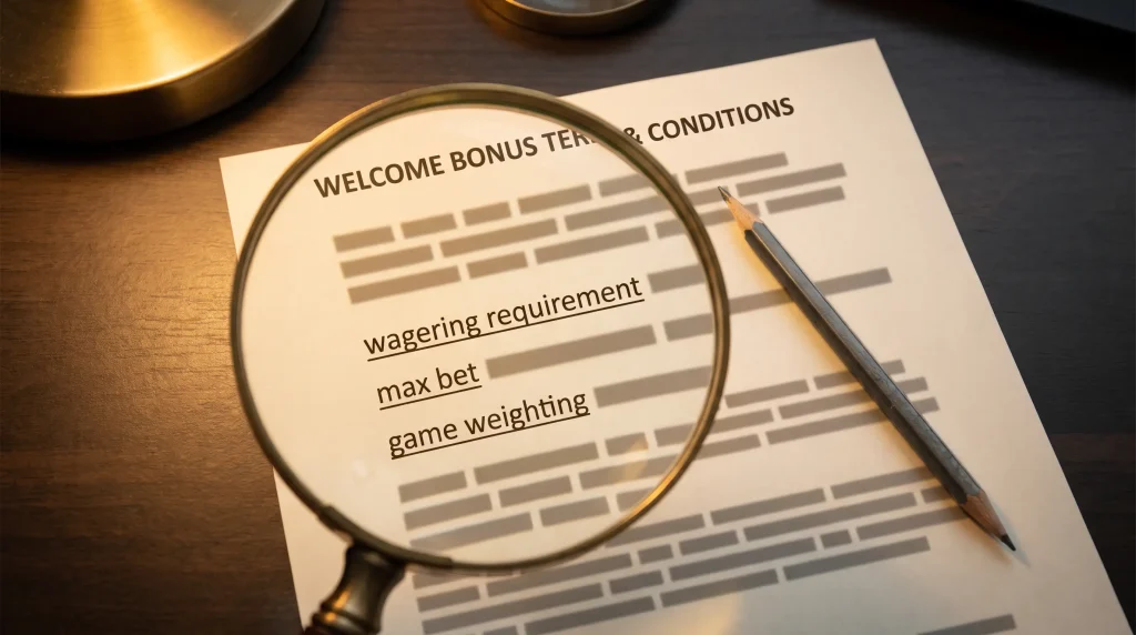 Magnifying glass over a printed bonus terms-and-conditions document with wagering clauses highlighted