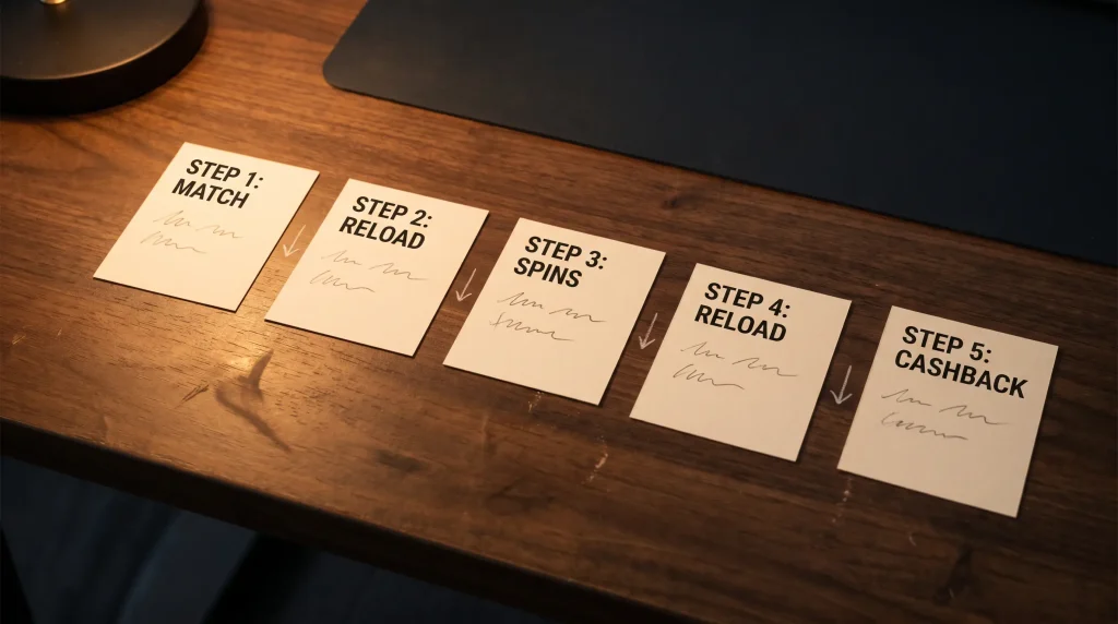 Five-step welcome package diagram on paper showing match, spins and reload tiers with redemption notes