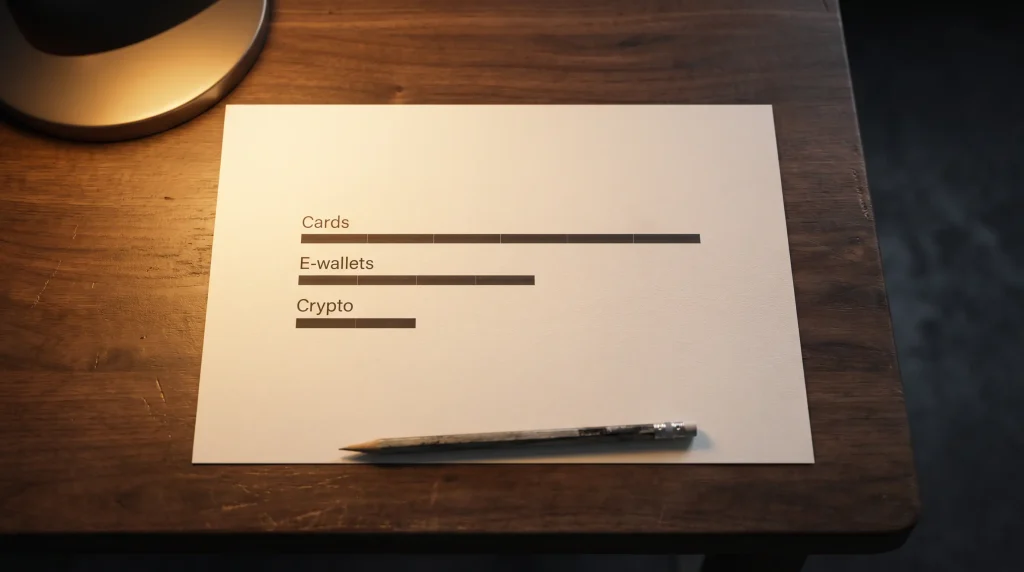 Horizontal timeline chart contrasting withdrawal settlement times across card, e-wallet and crypto rails